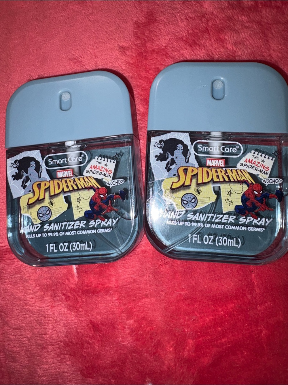 Spiderman Hand Sanitizer Spray Duo with Light Blue Caps and Red Accents